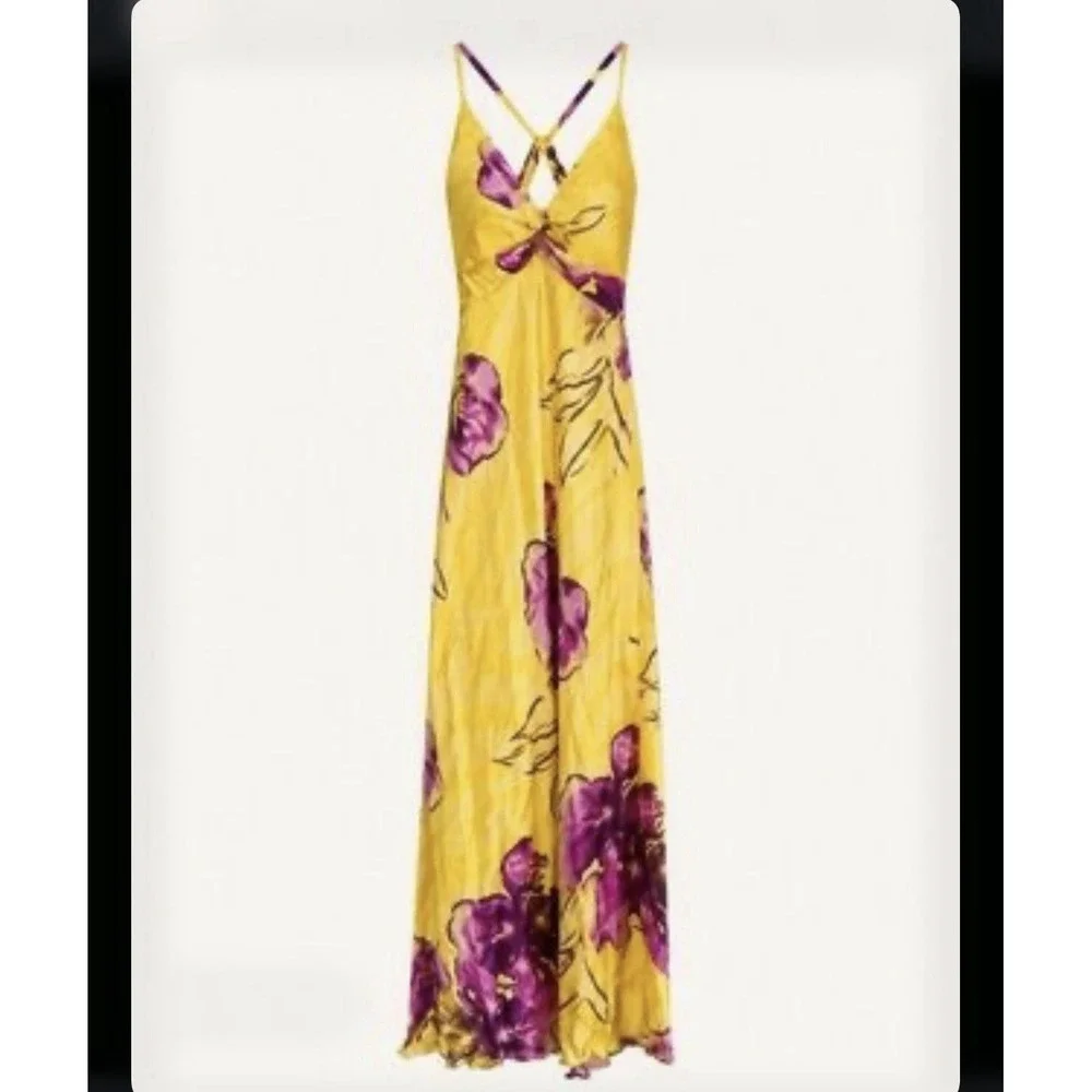 Vintage Cache Yellow Satin Halter Evening Formal Gown Floral Size 2 USA